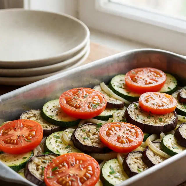 AI image of briam: sliced courgette, aubergine and tomato in a baking tin.