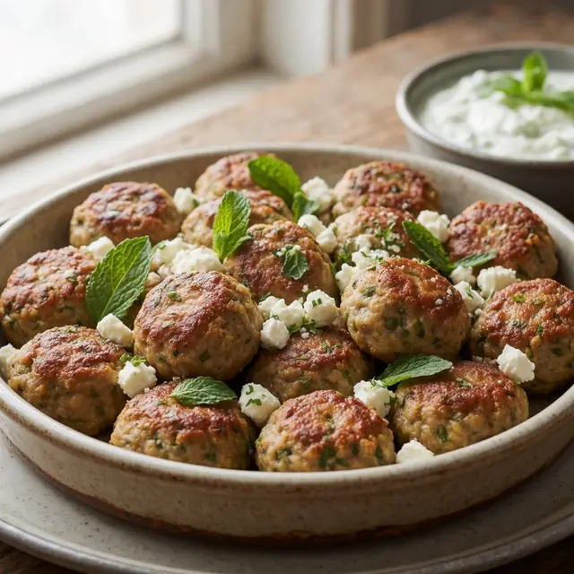 AI image of baked Greek meatballs in a dish, with crumbled feta and mint.