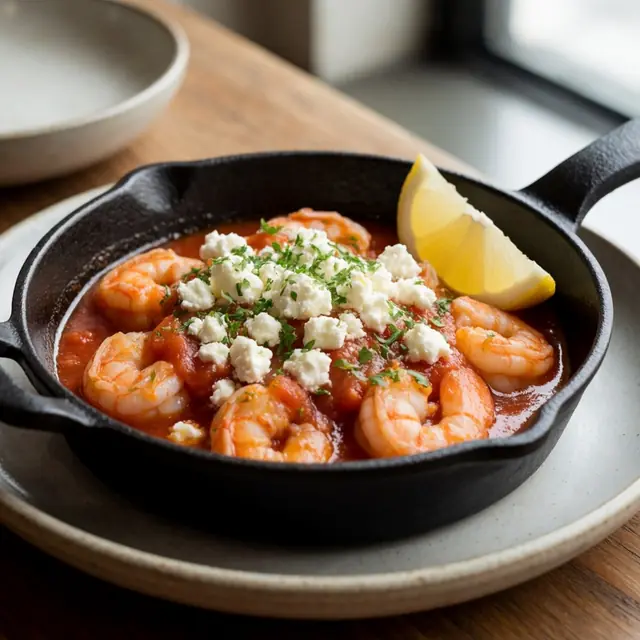 AI image of shrimp saganaki in a black pan, with crumbled feta and a wedge of lemon.