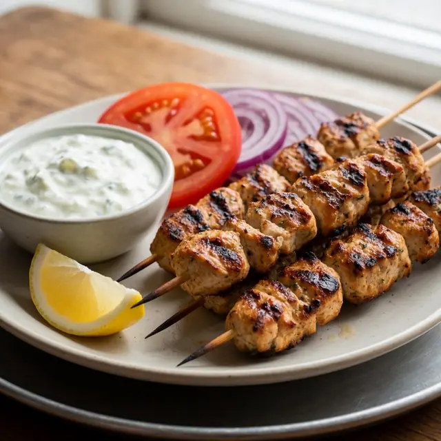 AI image of chicken souvlaki on skewers, with tzatziki, tomato, red onion and lemon.