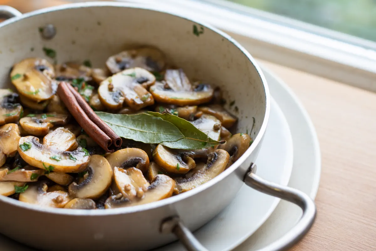 AI image of glossy sliced mushrooms sauteed in olive oil and wine in a metal pan, with a cinnamon stick, bay leaves, coriander seeds and chopped parsley.