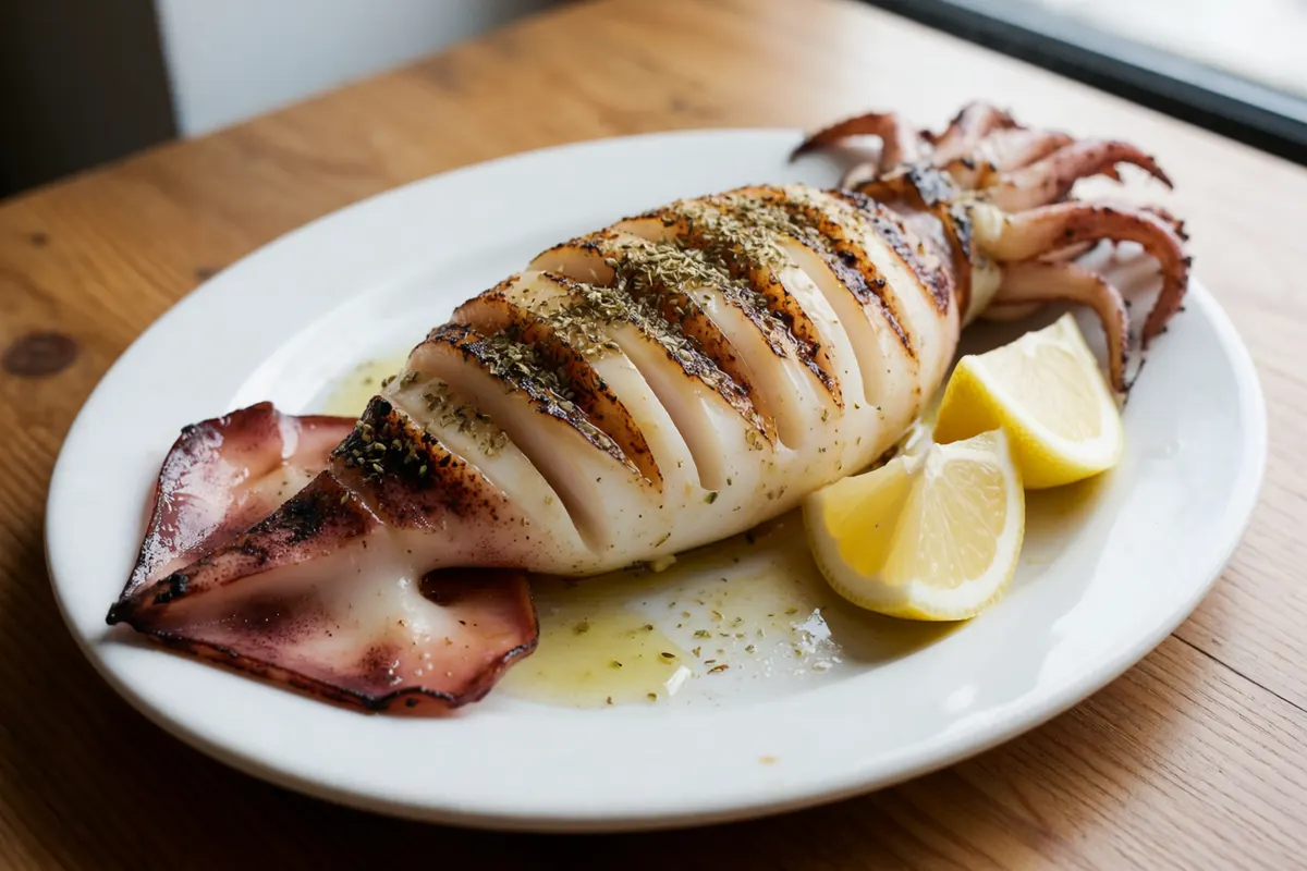AI image of a whole grilled squid with scored body, char marks, oregano and olive oil, tentacles at one end, on a white plate with lemon wedges.