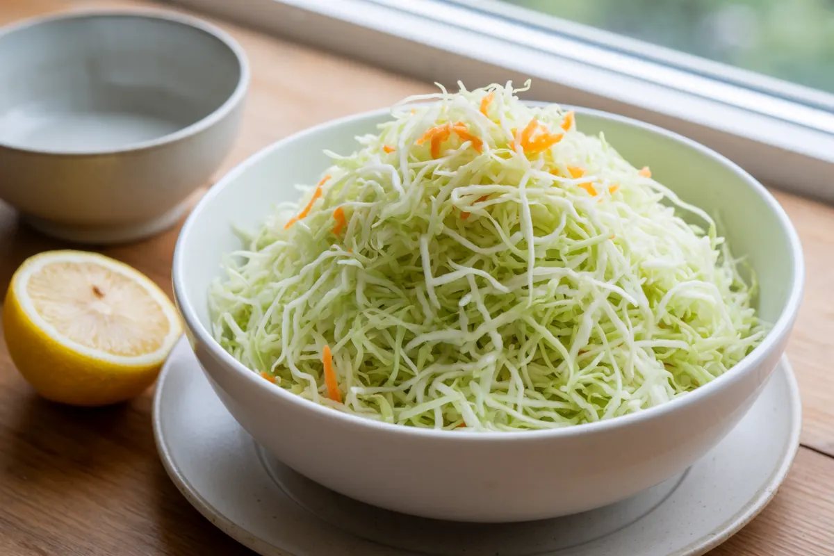 AI image of a white bowl heaped with very finely shredded green cabbage and a little grated carrot, with a lemon half beside it.