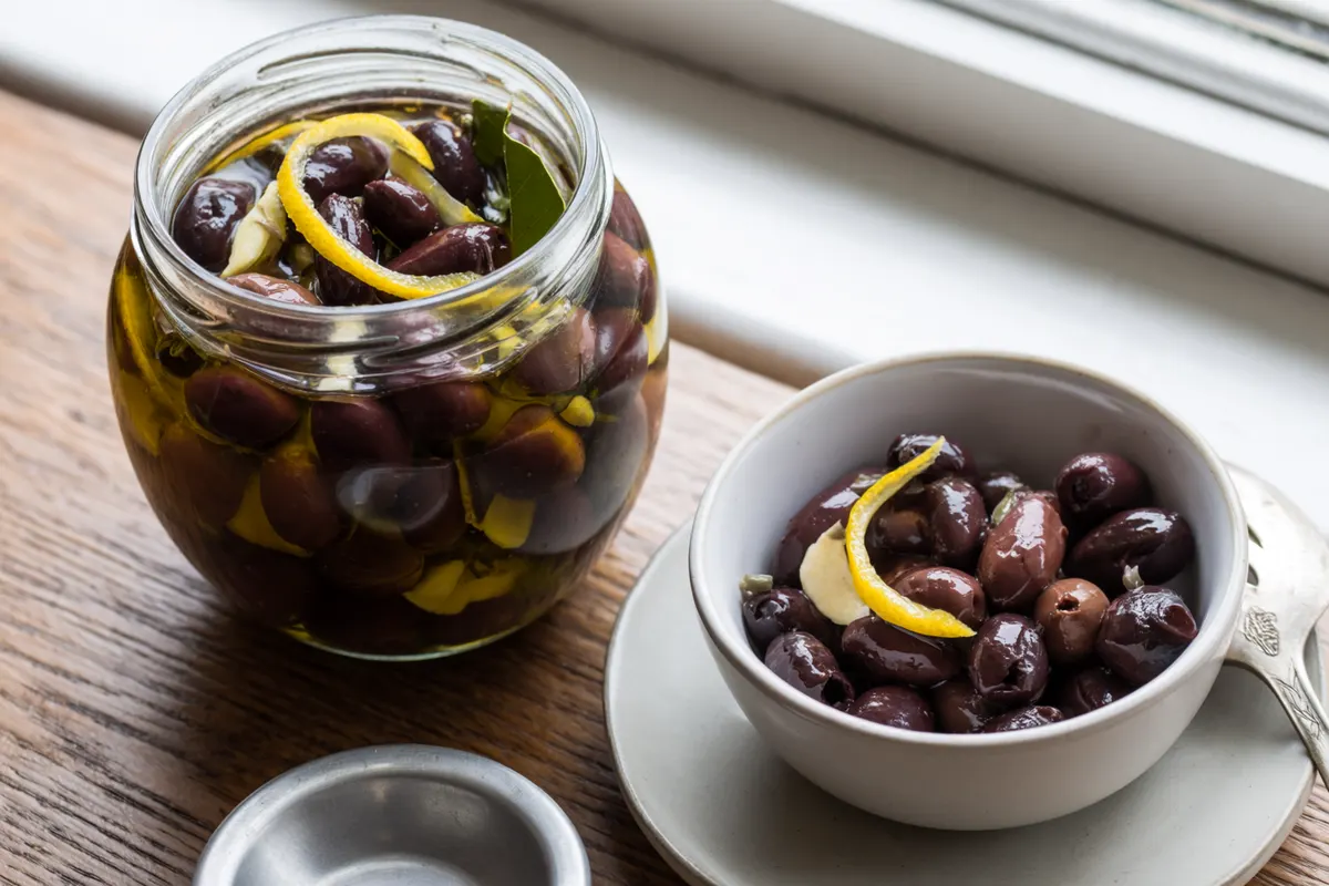 AI image of a clear unlabeled jar of dark pitted Kalamata olives in olive oil with garlic slices, lemon zest and a bay leaf, and a small bowl of olives beside it.