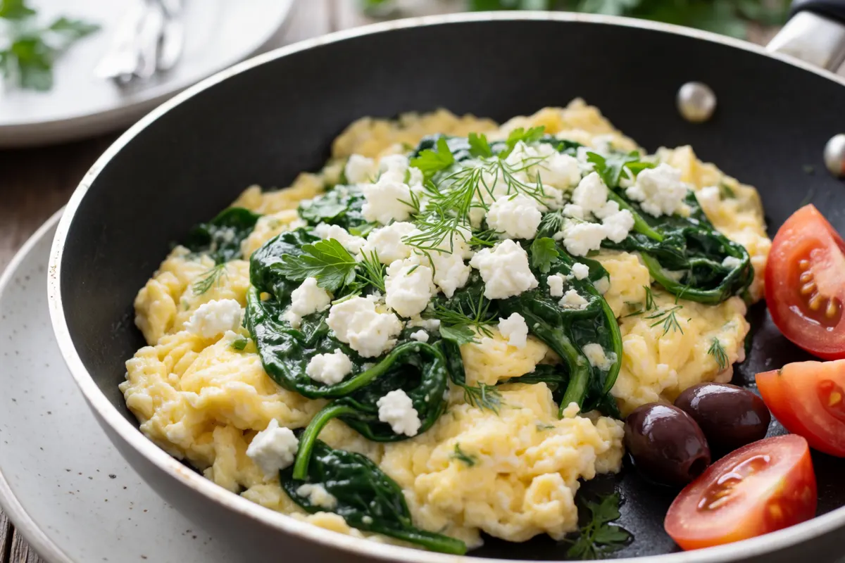 AI image of soft scrambled eggs with wilted spinach, crumbled feta, parsley and dill in a black non-stick pan, with Kalamata olives and tomato wedges on the side.