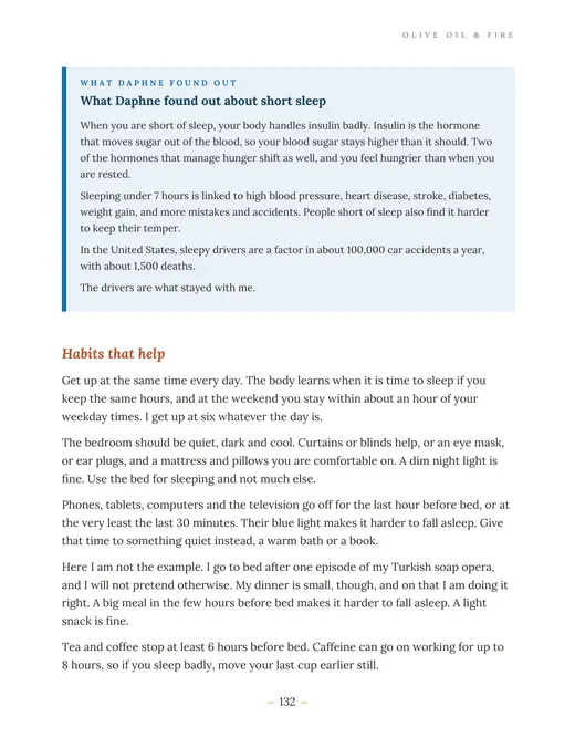 Page 132 of the book: a blue What Daphne Found Out box about short sleep, then the start of Habits that help.