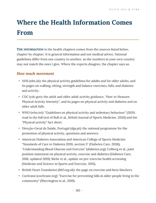 Page 165 of the book: the first page of Where the Health Information Comes From, with the sources for the chapter How much movement.