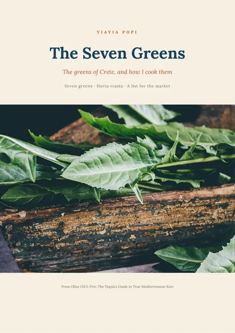 The cover of The Seven Greens: dandelion leaves on an old wooden board.